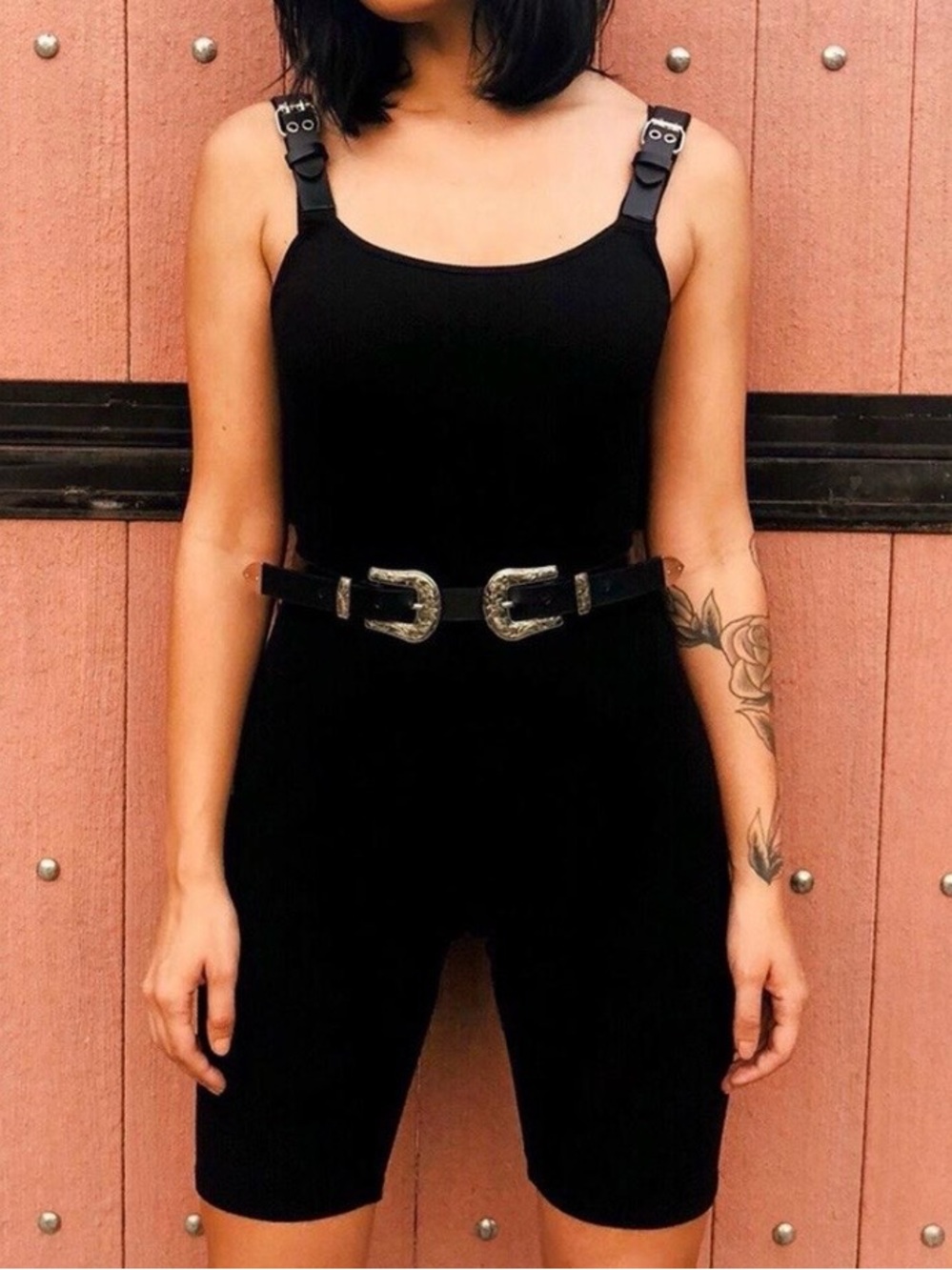 Black Fitted Romper with Silver Buckle Belt